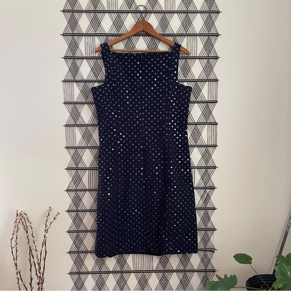 Paule Ka square neck moire navy blue dress clear sequins size 44 hidden zipper - Picture 3 of 15